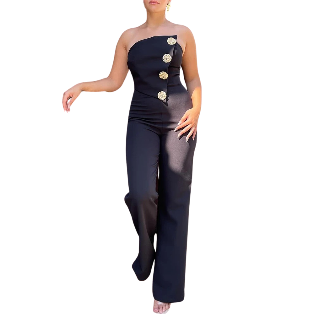 Elegant svart asymmetrisk bandeau jumpsuit. Stroppeløs dame jumpsuit for fest og sommer.
