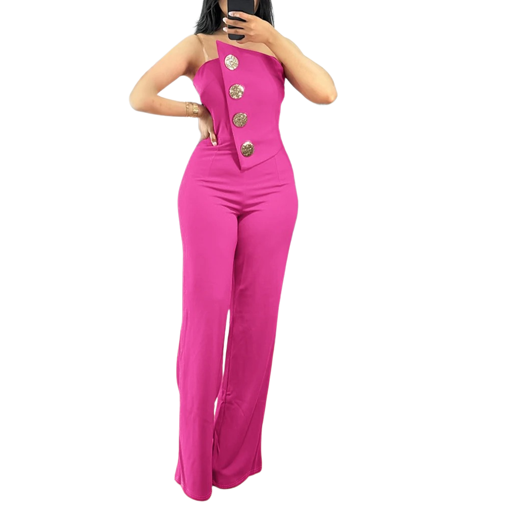 Helbilde av en stroppeløs asymmetrisk bandeau jumpsuit for dame. Elegant for fest og sommer.