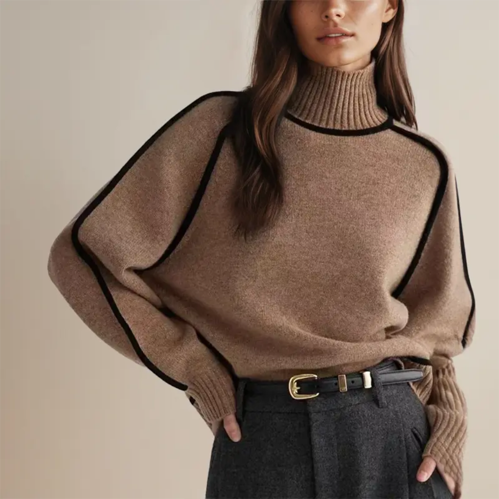 Elegant dame kasjmirgenser med polokrage i luksuriøs brun, perfekt for høst og vintermote, myk og komfortabel.