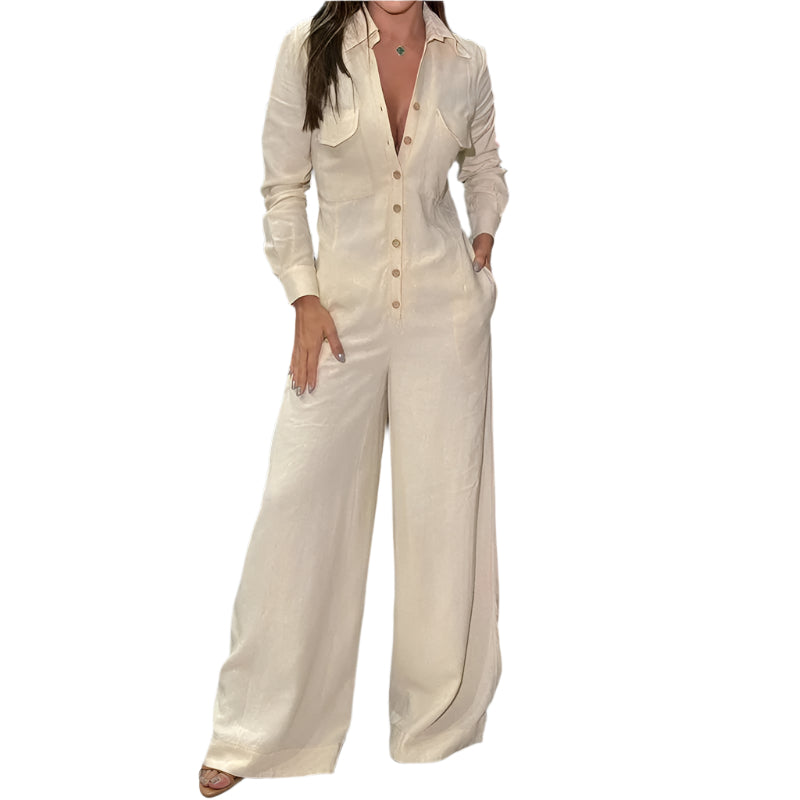 Komfortabel og elegant damejumpsuit med lange ermer og krage, ideell for både hverdag og fest.