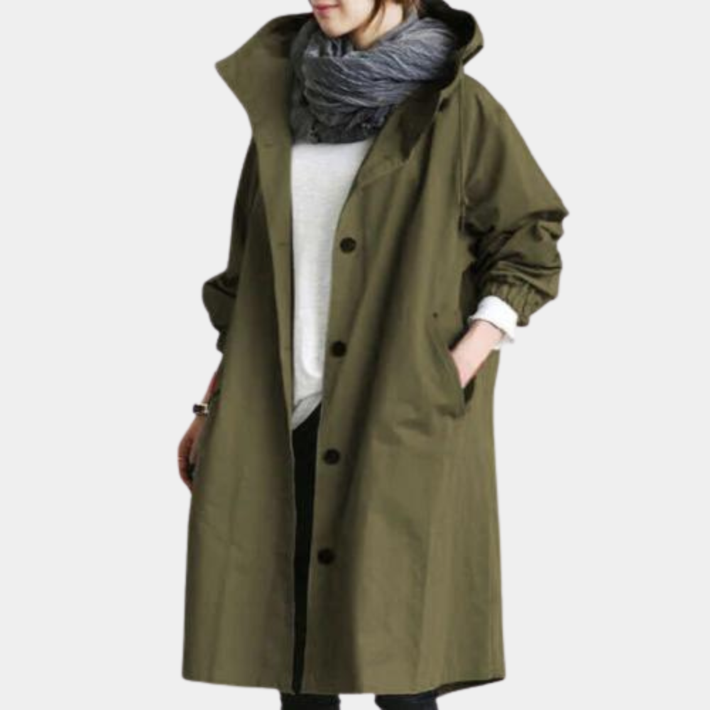 Moderne og stilfull dame langfrakke med hette. Elegant ytterjakke som gir komfort og varme for høst/vår.