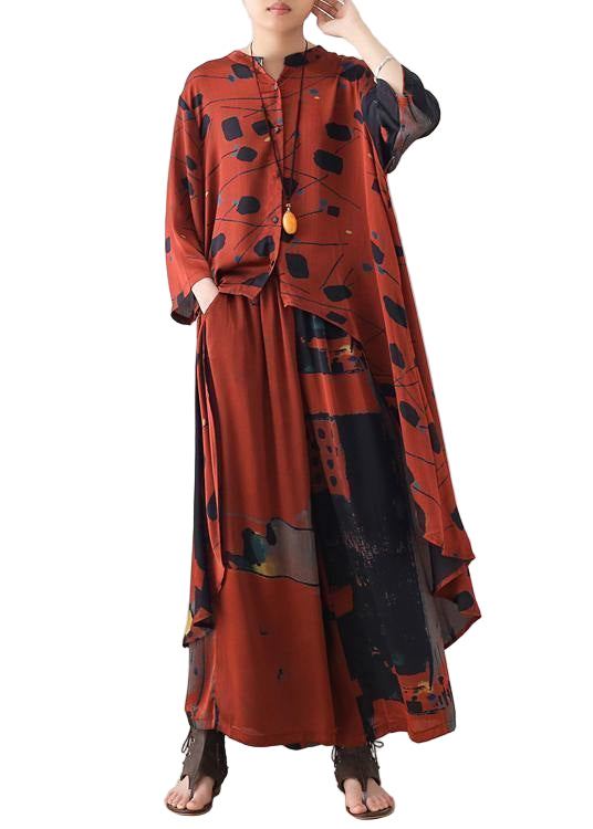 Elegant dame matchende sett med lang krage og løse bukser. Perfekt for sommerfest eller hverdagsstil.