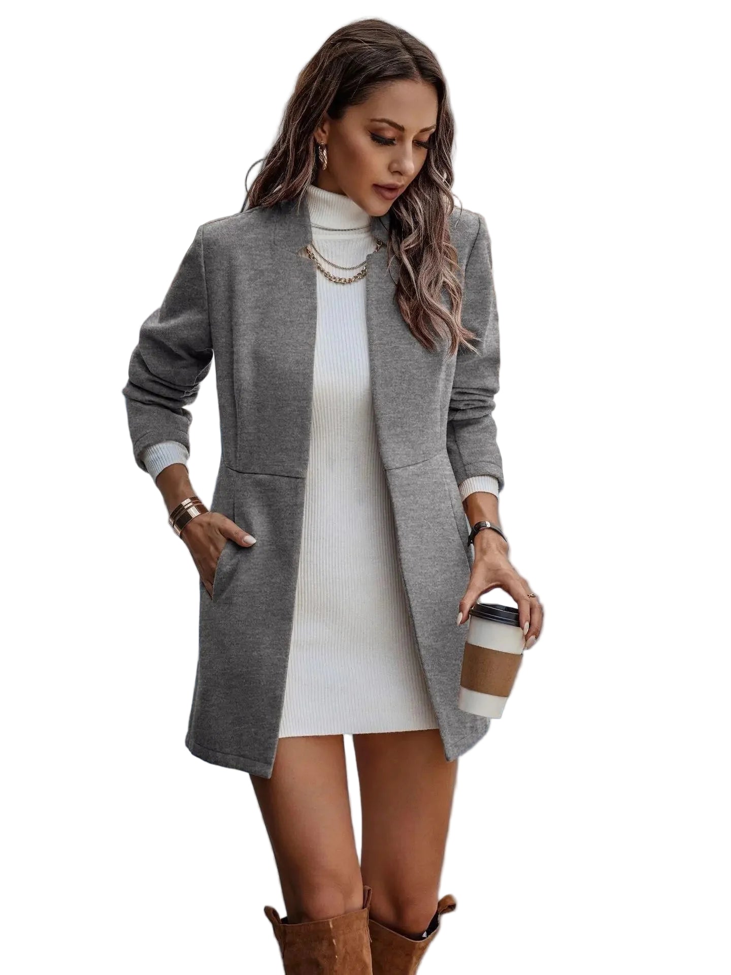 Elegant dame midi blazer med åpen front. Perfekt for moderne stil, både hverdag og fest.