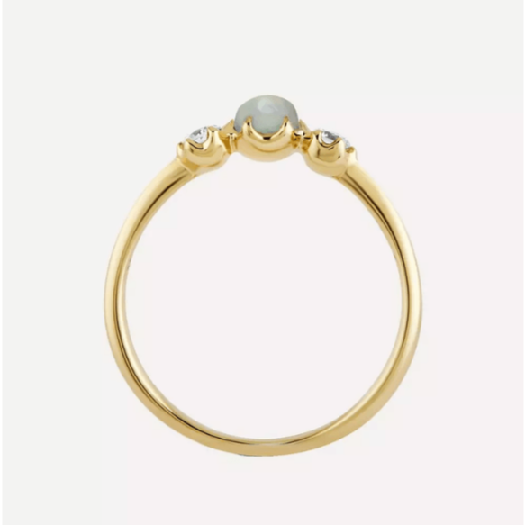 Nydelig 925 sølvring med oval månestein og to glitrende zirkonia steiner. En klassisk tresteinsring.
