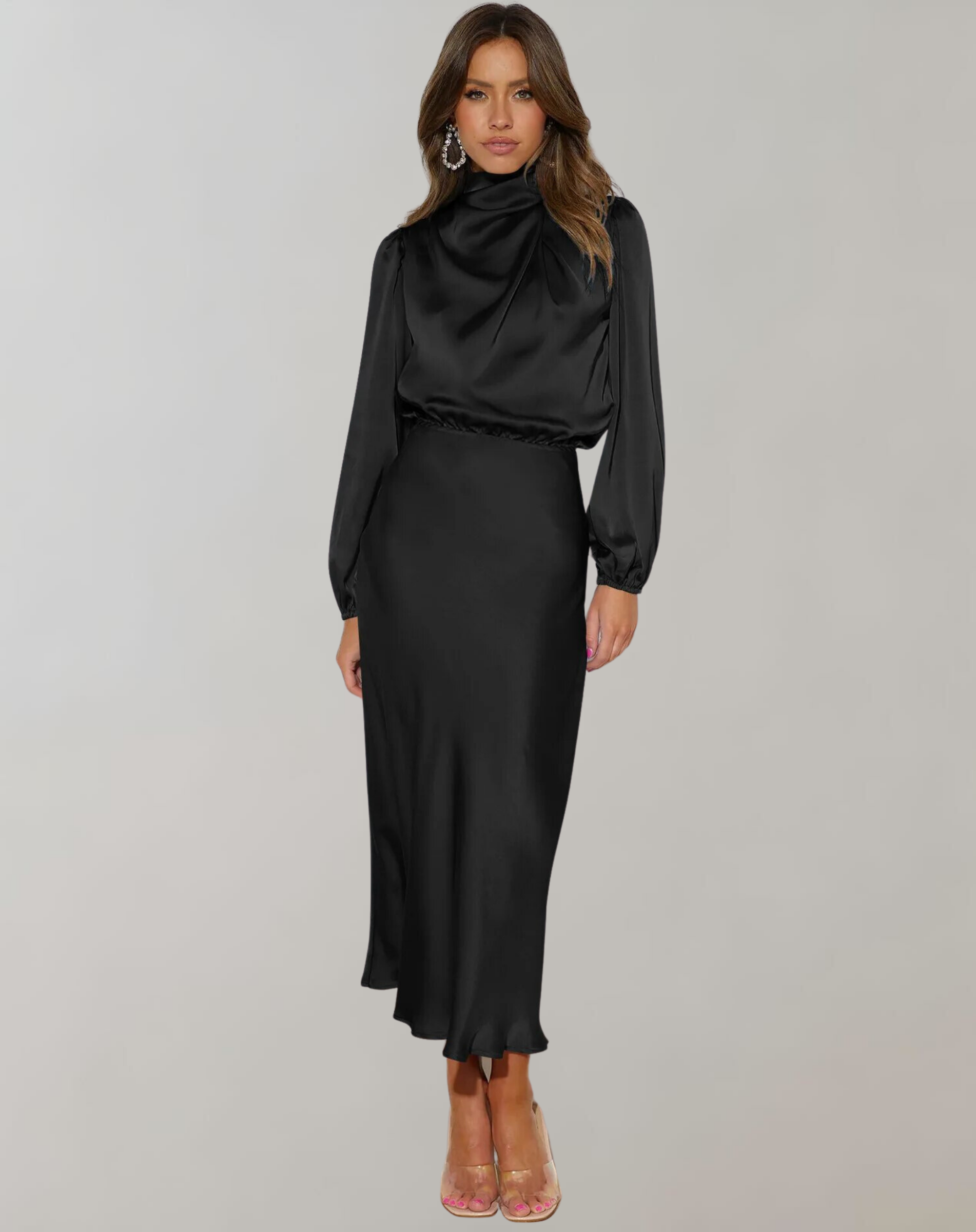 Elegant dame satengkjole med lekre ermer. Perfekt festkjole for selskap, lang og stilfull med rund hals i polyester.