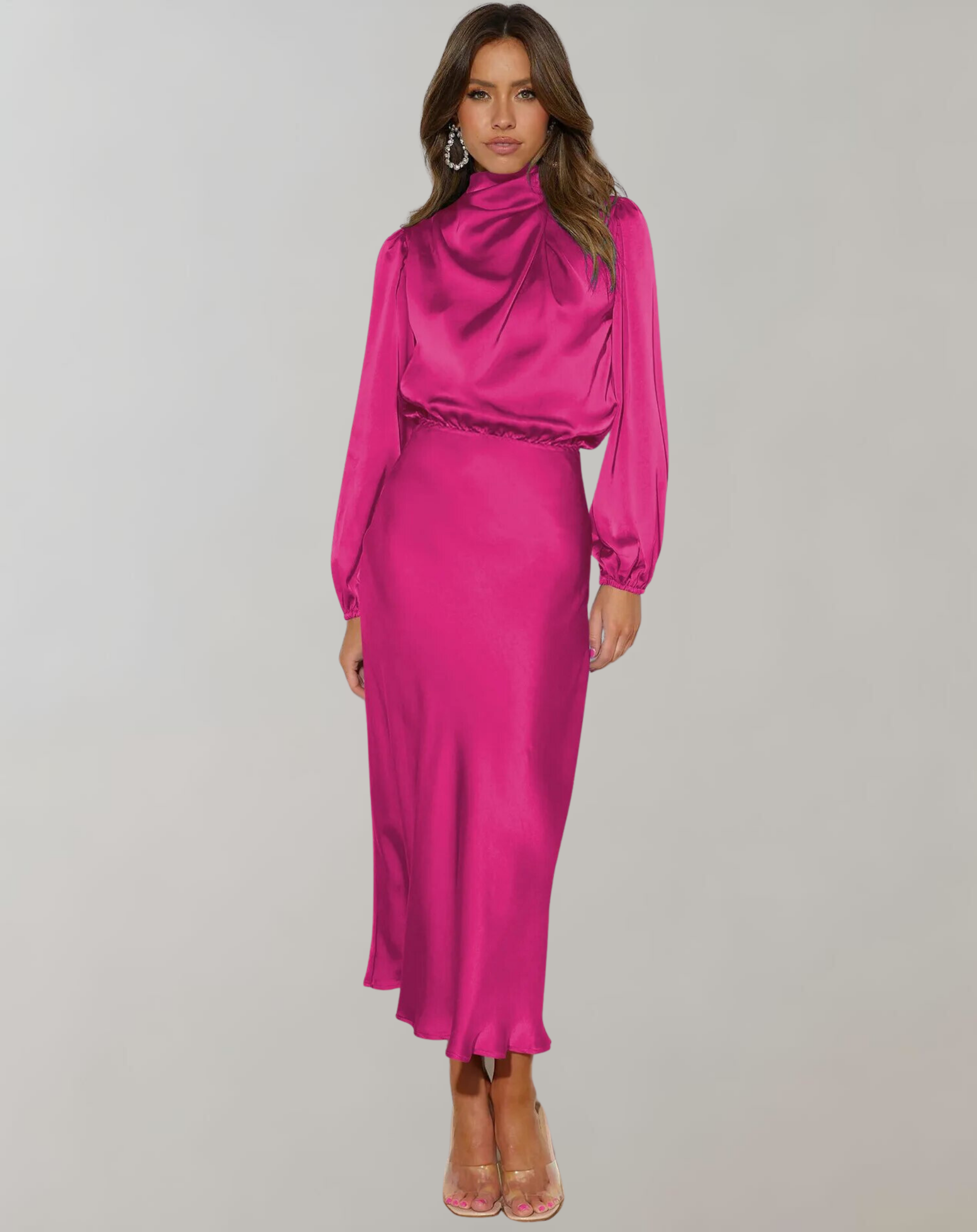 Nærbilde av glansfullt satengstoff på elegant damekjole i polyester. Myk festkjole med pene ermer, ideell for selskap.
