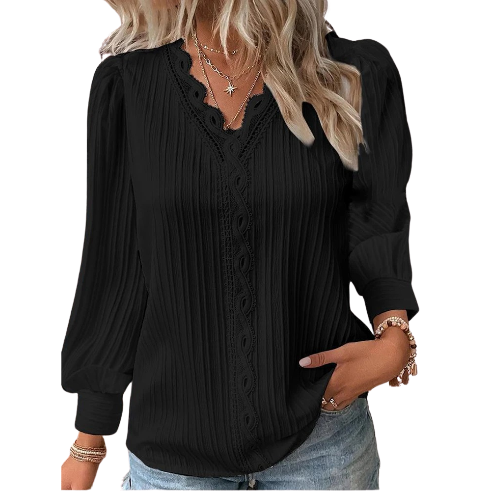 Stilren V-hals skjorte med blonder for damer. En elegant og trendy festtopp.