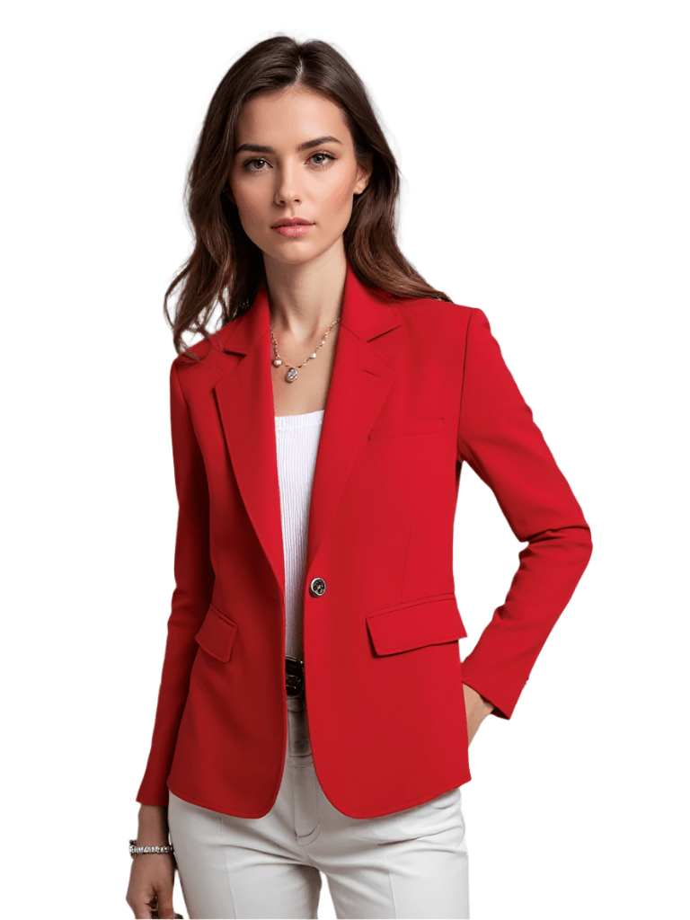 Elegant dameblazer med moderne snitt, knapper og lommer. Perfekt for jobb, kontor eller fritid.