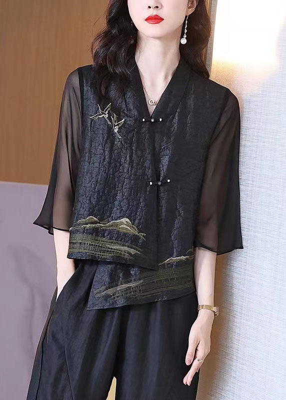 Unik langermet damebluse i kinesisk stil, retro V-hals med knapper og dekorativ patchwork.