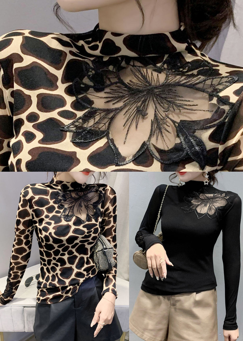 Stilig kvinnebluse med moteriktig leopardprint og trendy utskjæring. Allsidig for både hverdag og fest.
