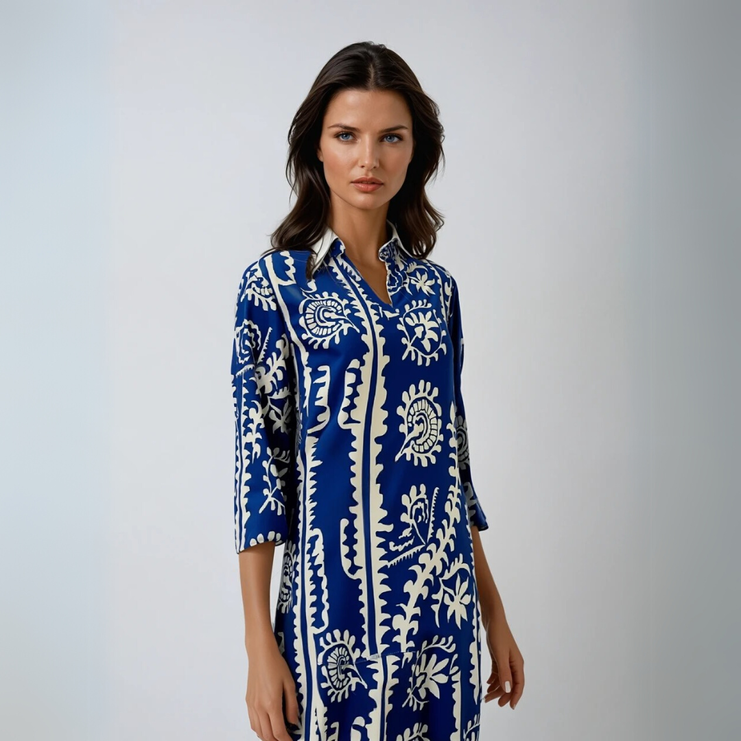 Komfortabel damekjole i rayon/polyester med elegant trykk. Perfekt sommerkjole med v-hals og løs passform.