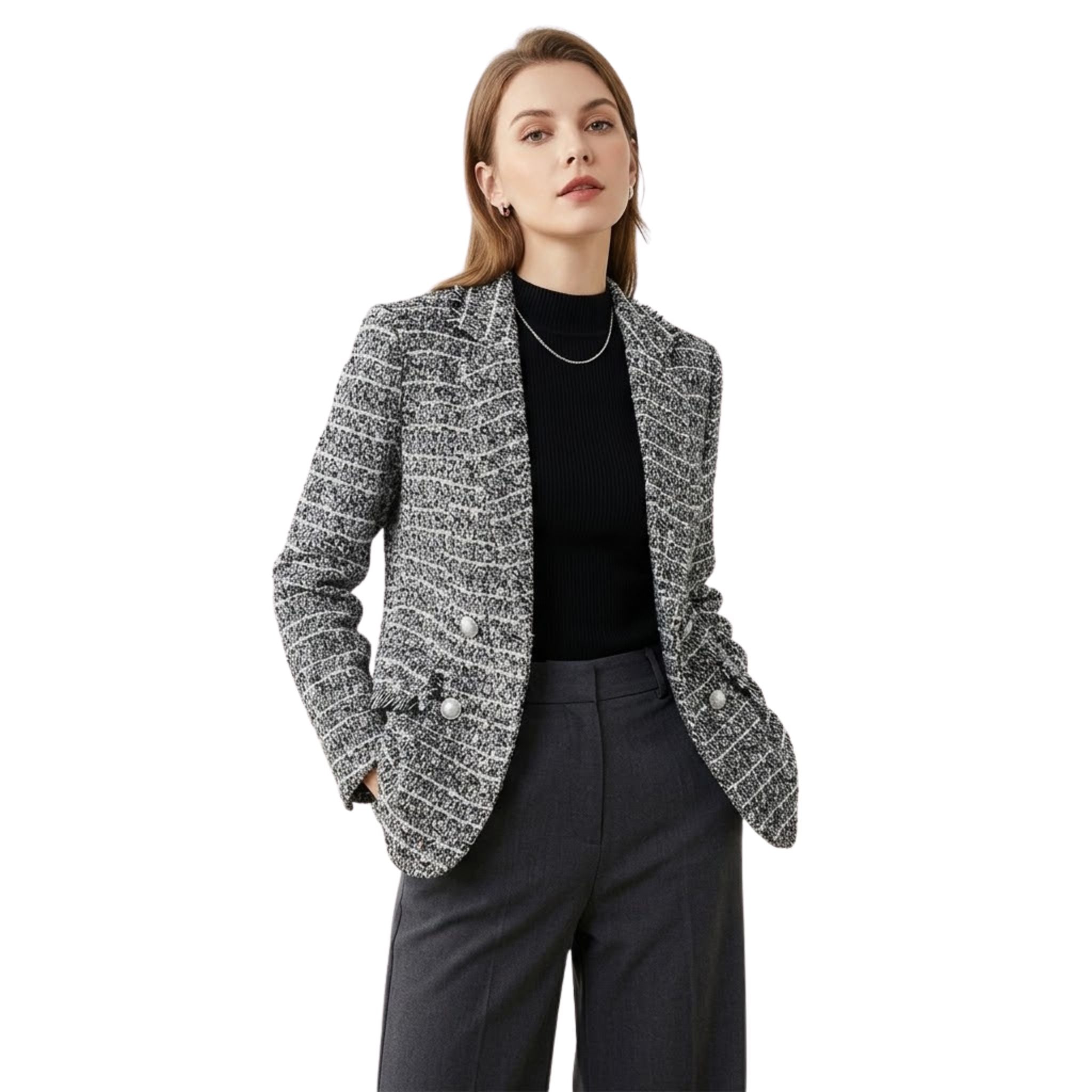 Elegant dobbelspent dameblazer med skreddersydd passform. Perfekt for formell eller smart-casual kontorstil og fest.
