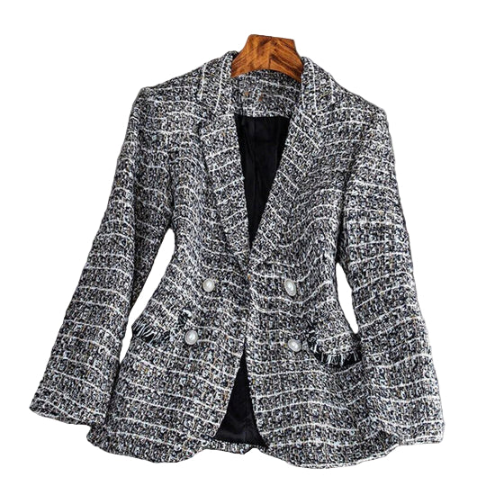Svart dobbelspent kvinneblazer, skreddersydd for en elegant look. Ideell for høst, vinter og kontorantrekk.