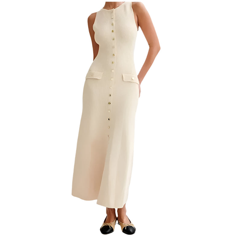Elegant ermeløs aprikos bodycon-kjole for kvinner med stilfulle knappedetaljer, perfekt fest- og hverdagskjole.
