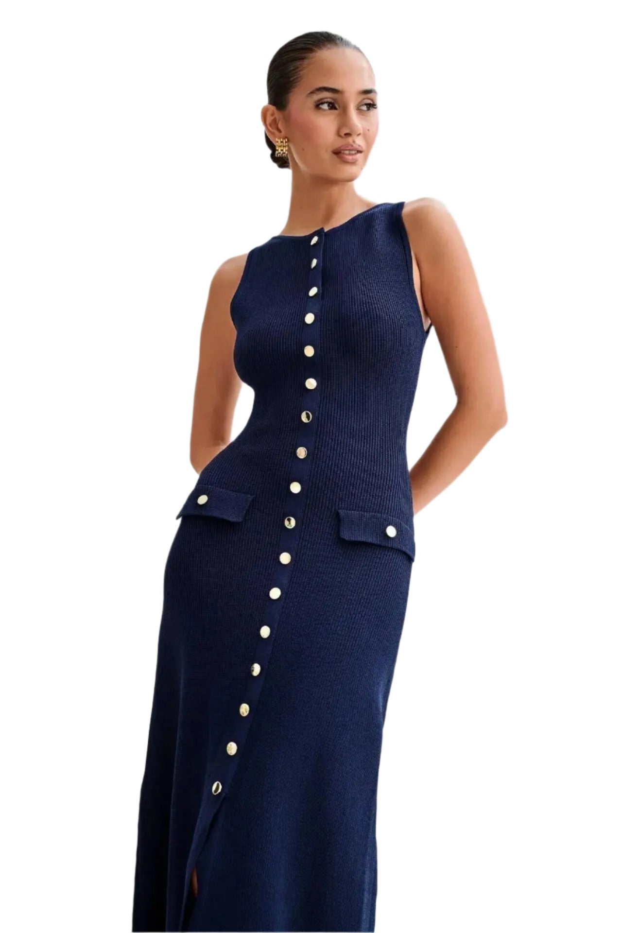 Figurnær blå bodycon-kjole for kvinner, ermeløs med dekorative knapper. En stilfull sommerkjole for dame.