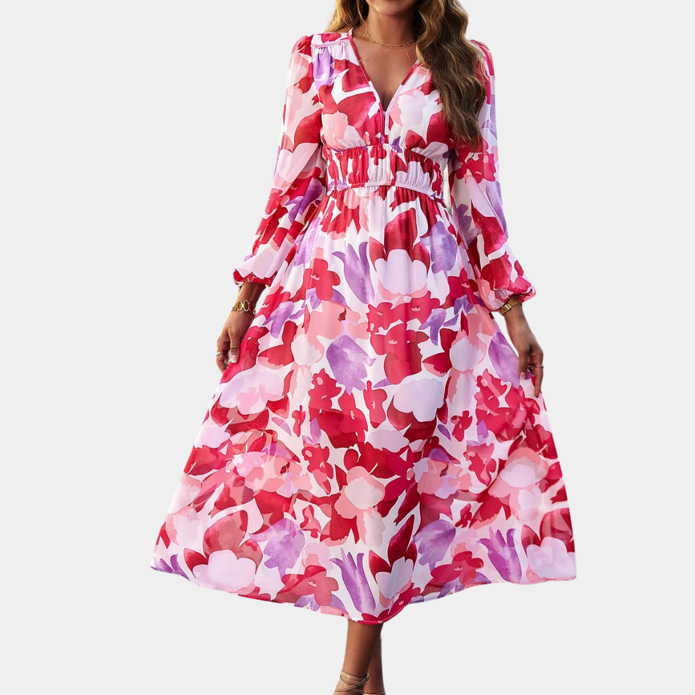 Komfortabel vår/sommer midi kjole; elegant design for dagkjole og kveldsbruk. Kvinne mote.