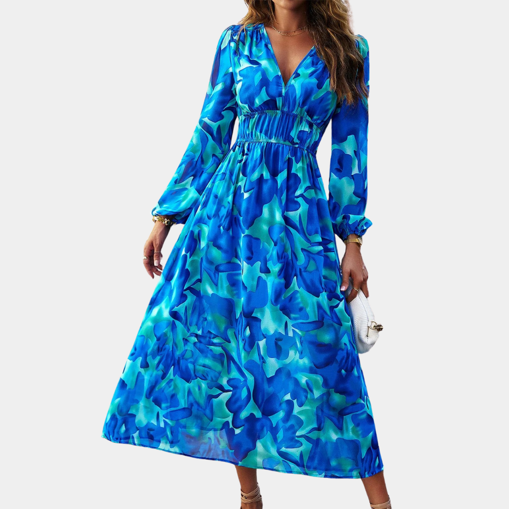 Trendy kvinne festkjole med elegant snitt; en komfortabel og stilfull midi kjole for vår og sommer.