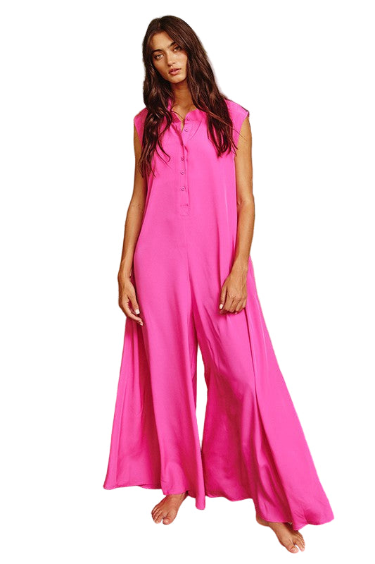 Elegant fuchsia dame jumpsuit med vide ben, perfekt for både hverdag og fest, komfortabel passform.