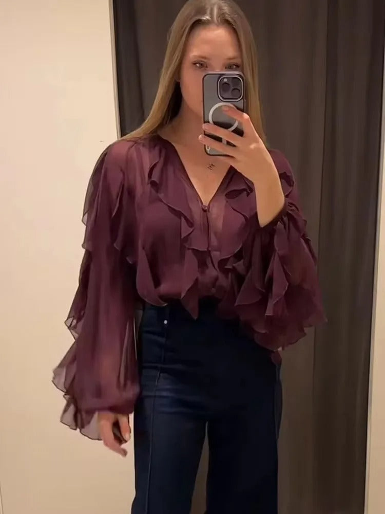 Lett sommer bluse for kvinner, gjennomsiktig volangtopp med lagdelt stil, elegant festtopp.