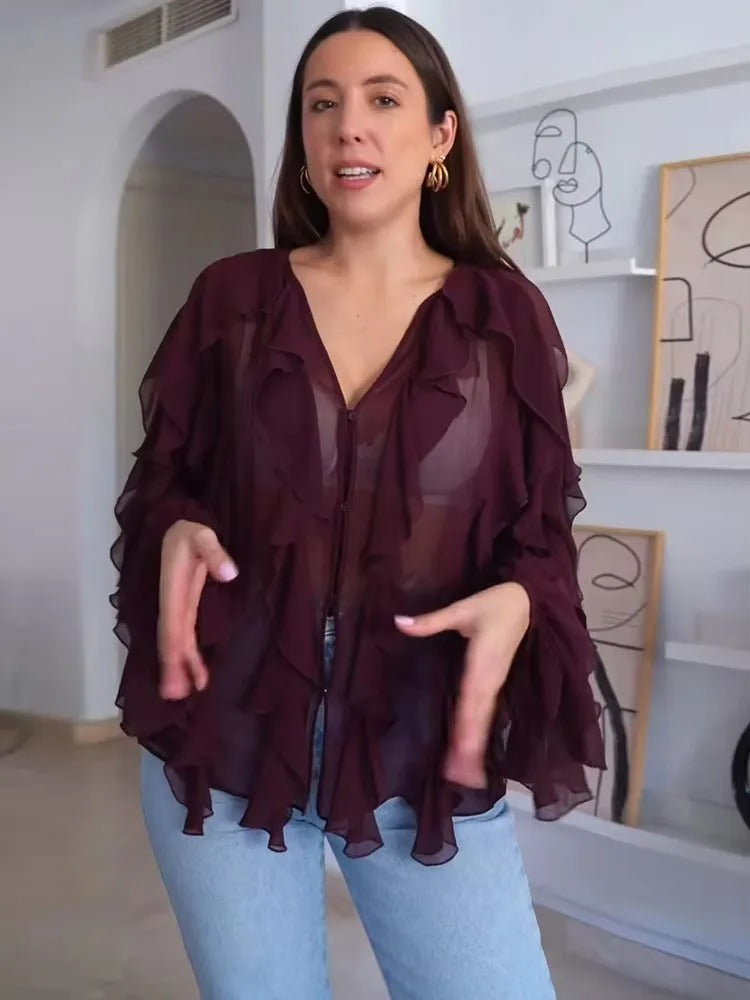 Motebevisst gjennomsiktig bluse for kvinner, lagdelt volangtopp for både casual og elegant bruk.