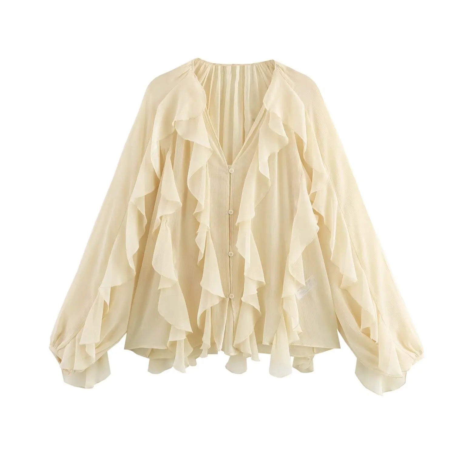 Chic kvinner bluse med gjennomsiktig stoff og elegante volanger, lagdelt design for moderne stil.