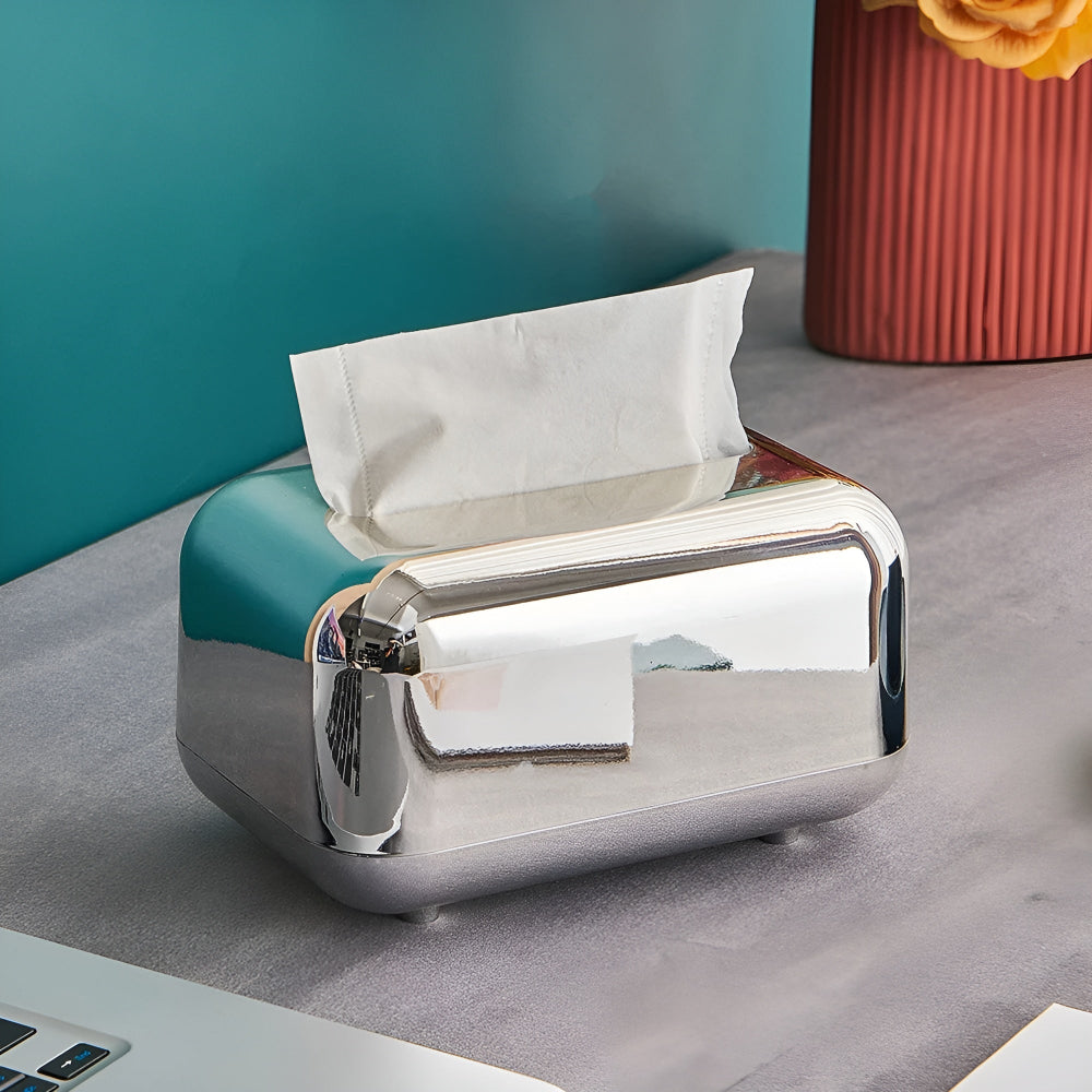 Praktisk vevboks med sølv speilfinish, moderne design for organisert og stilrent hjem.