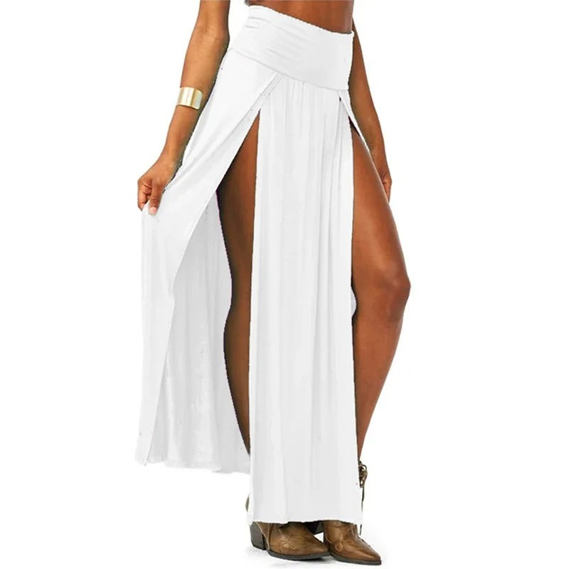Elegant høytaljet maxiskjørt med dobbel spalte. Flott for en stilfull sommerlook, perfekt for fest og fritid.