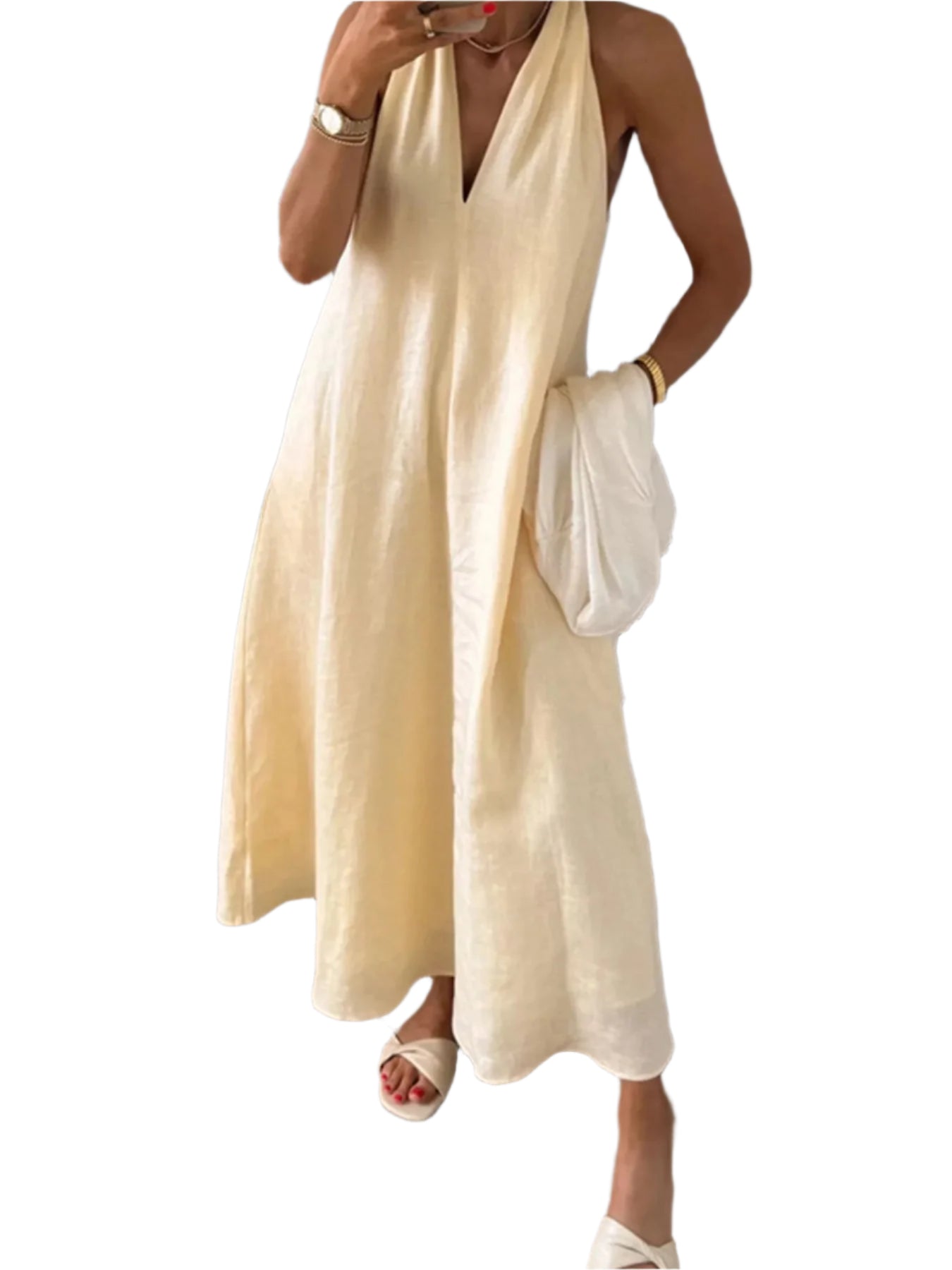 Elegant halterneck midikjole for kvinner med praktiske lommer, perfekt for sommerdager og fest.