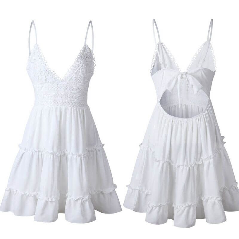 Elegant heklet minikjole for kvinner med V-hals, perfekt for sommerfest og festkjole anledninger.