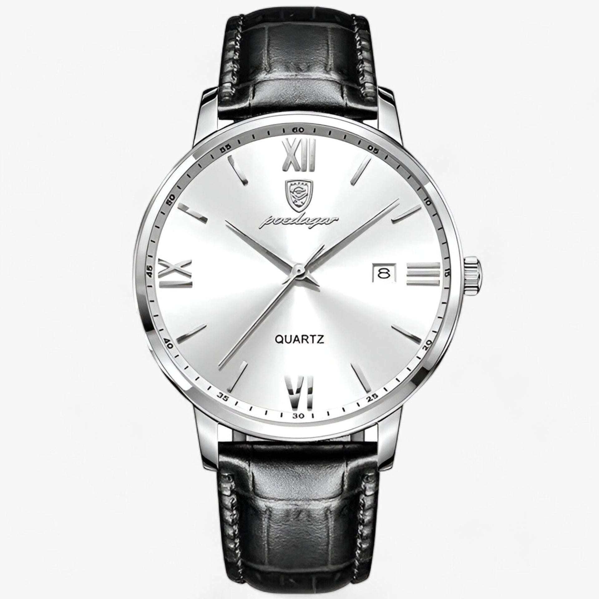 Nærbilde av elegant herre armbåndsur med lys urskive og klassiske visere. Pålitelig kvarts urverk.