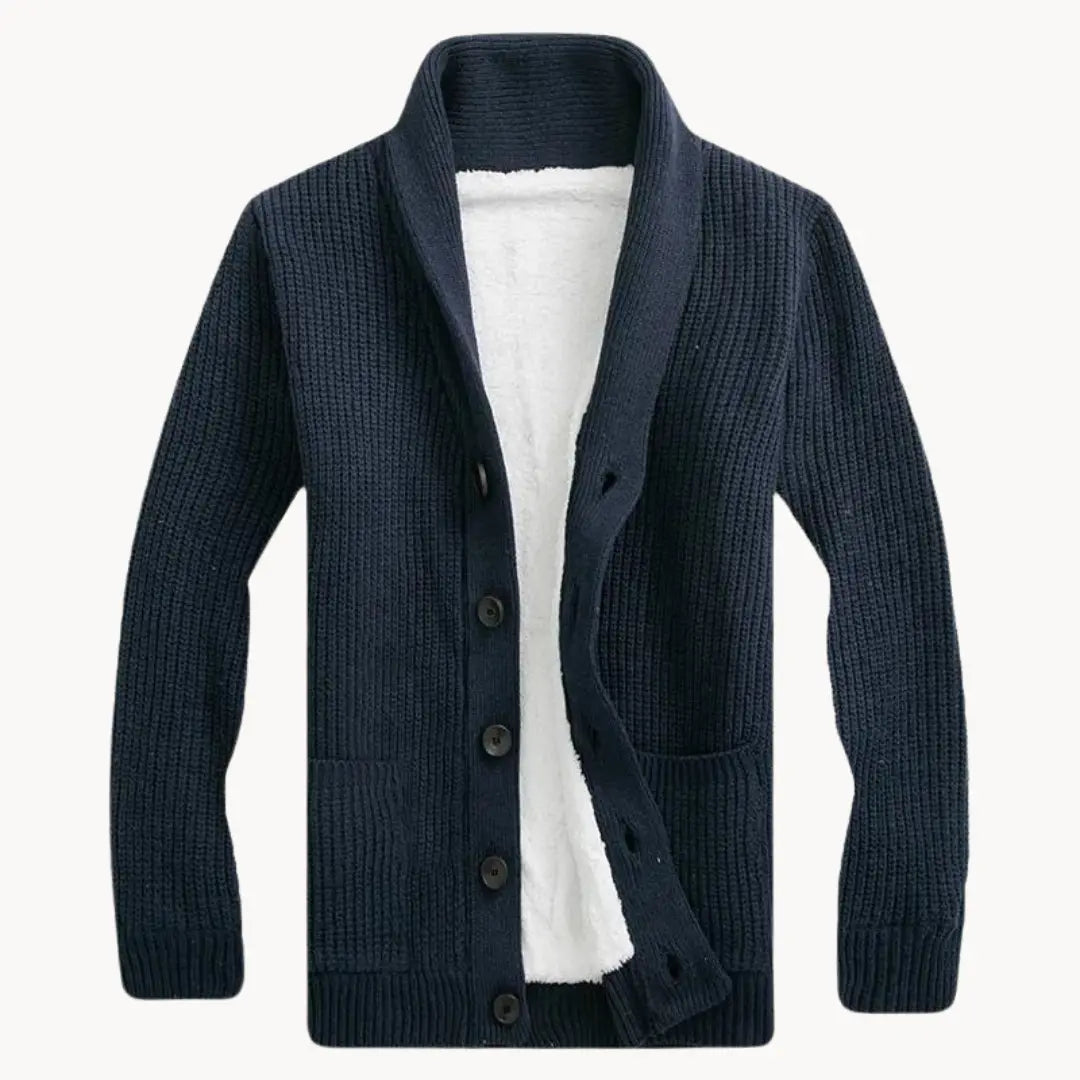 Blå herre kofta med sjalkrage, tidløs og allsidig. Strikket design gir komfort og en moderne, elegant stil.