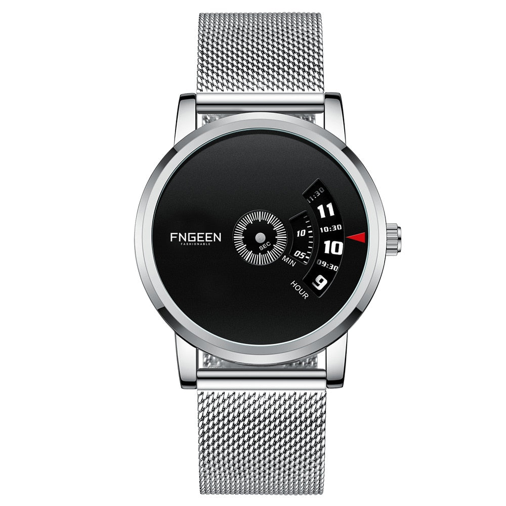 Klassisk herreklokke med kvartsverk, sort urskive og elegant mesh-armbånd.