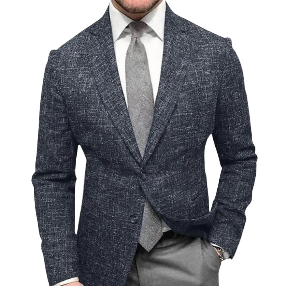 Elegant herreblazer med avslappet krage og to knapper for en stilfull formell og uformell look. Perfekt for vår/sommer.