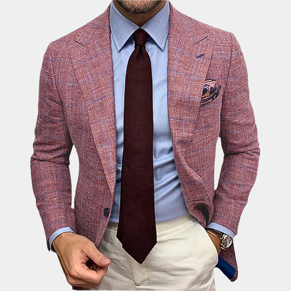 Stilfull herreblazer med moderne passform, elegant design, to knapper og avslappet krage. Ideell for menns vår/sommer mote.