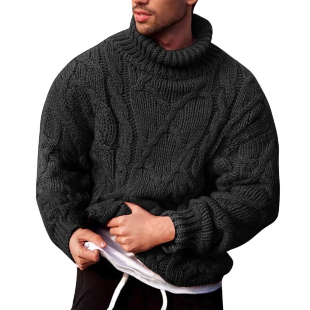 Elegant herresweater med tidløs kabelstrikk og varm rullekrage. Perfekt for vintermote og casual stil.