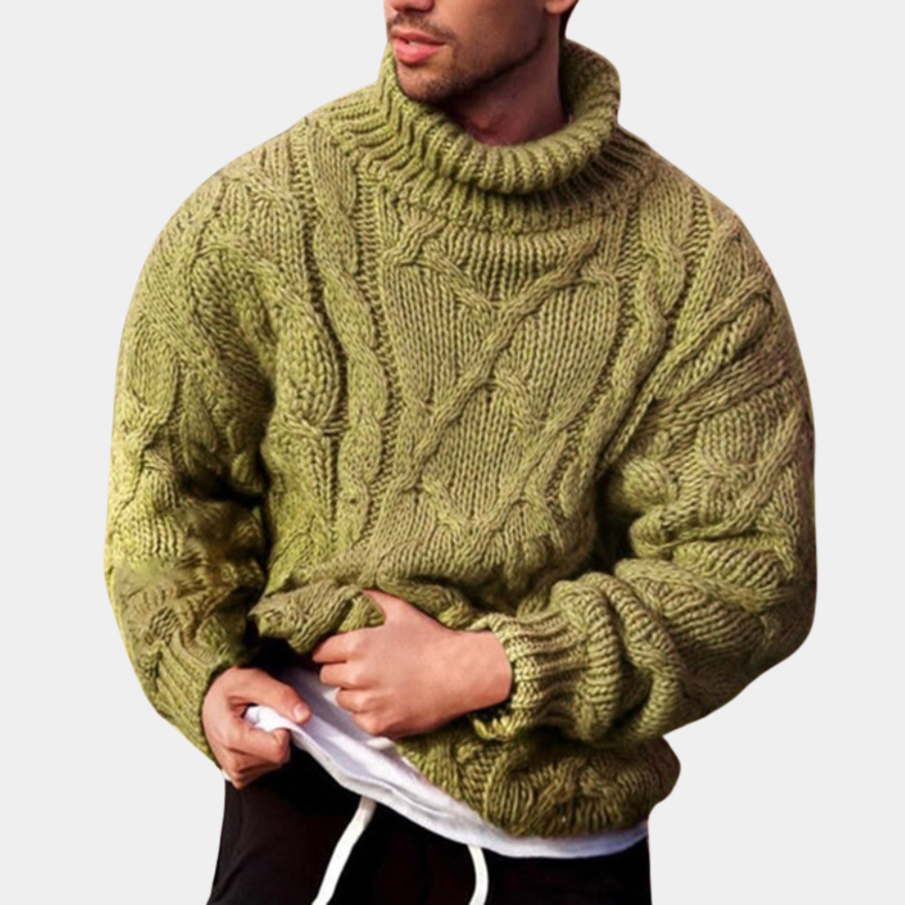 Stilfull strikkegenser for menn med detaljert kabelmønster og klassisk rullekrage. Varm og elegant.