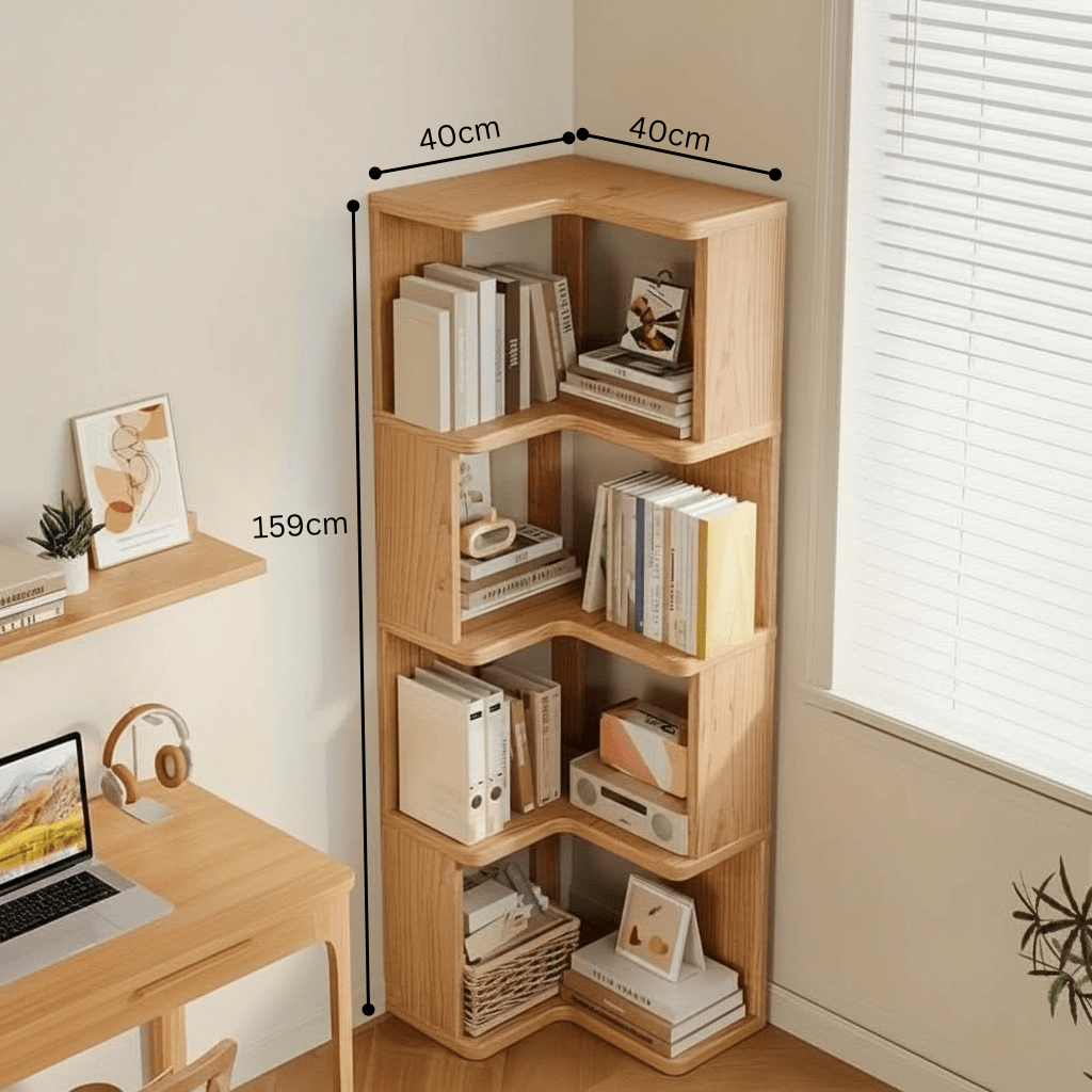 Plassbesparende hjørneskap i minimalistisk stil for stue, soverom eller kontor. Elegant interiørdetalj.