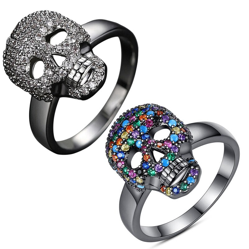 Mote hodeskallring for kvinner, elegant kobberring med skinnende zirkonia. Gotisk rock damesmykke.