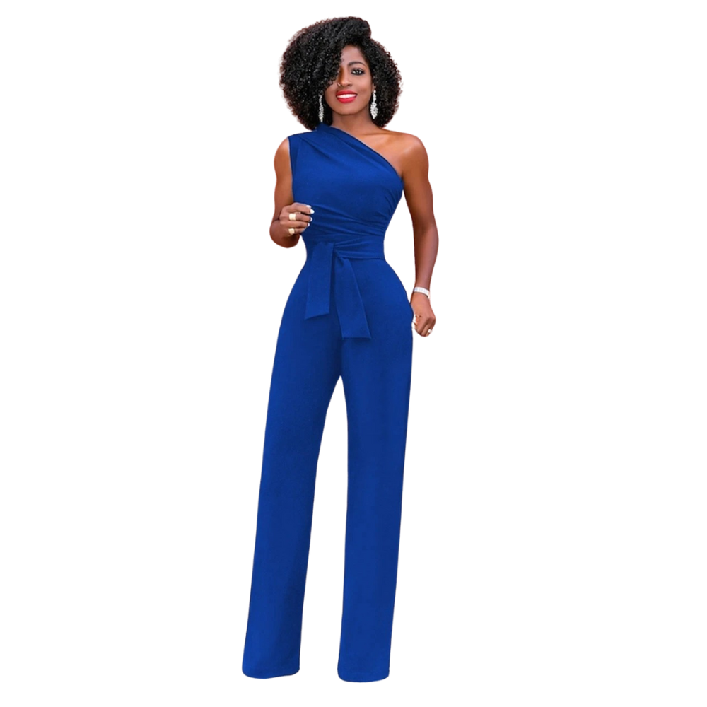 Stilig én-skulder jumpsuit for dame, bodycon topp, vide bukseben, midjebelte, moderne festmote.