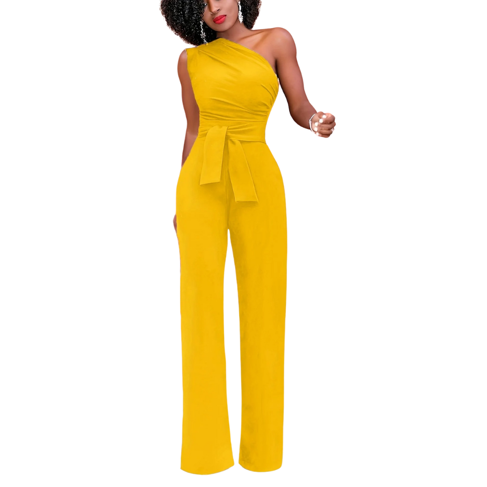 Mote jumpsuit for kvinner, én skulder, bodycon stil, vide bukseben, belte, behagelig festantrekk.