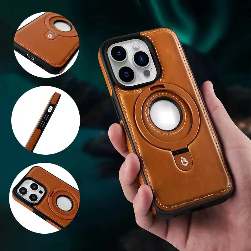 Stilfullt iPhone-deksel med utfellbart magnetisk stativ for håndfri visning; støtter trådløs lading.