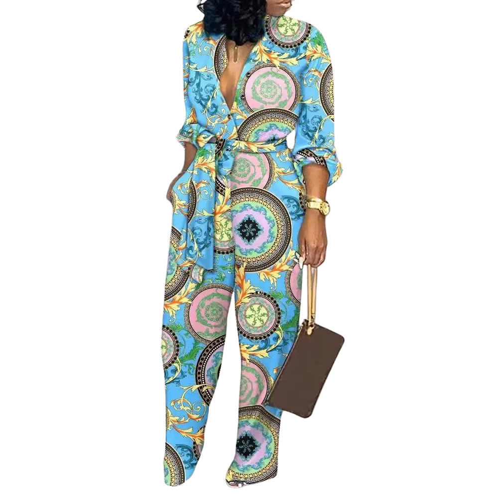 Elegant jumpsuit for kvinner med fargerikt print, V-hals og høy midje. Ideell for fest eller hverdagsantrekk.