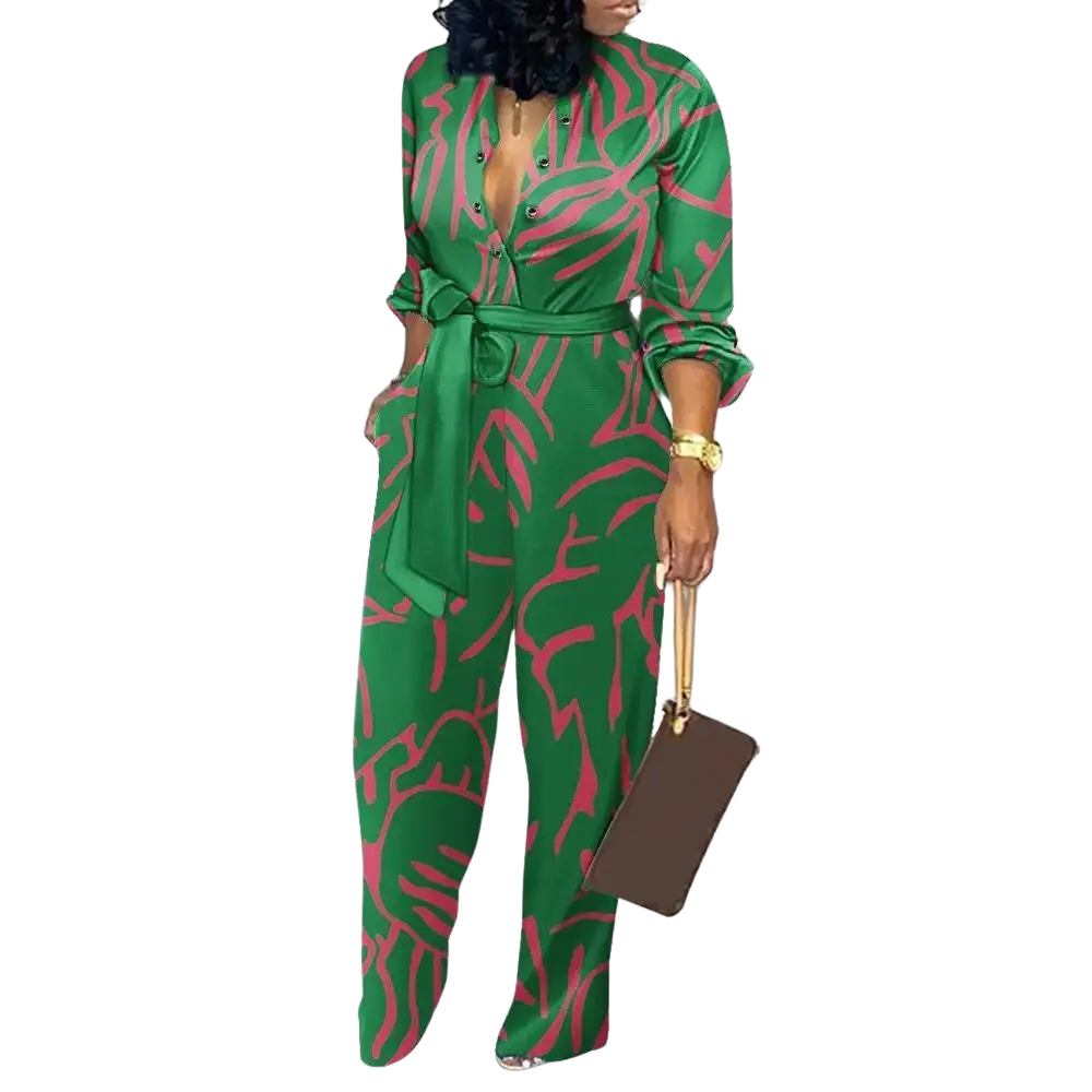 Kvinners sommer jumpsuit med unikt print, dyp V-hals og flatterende høy midje. Trendy mote for vår og sommer.