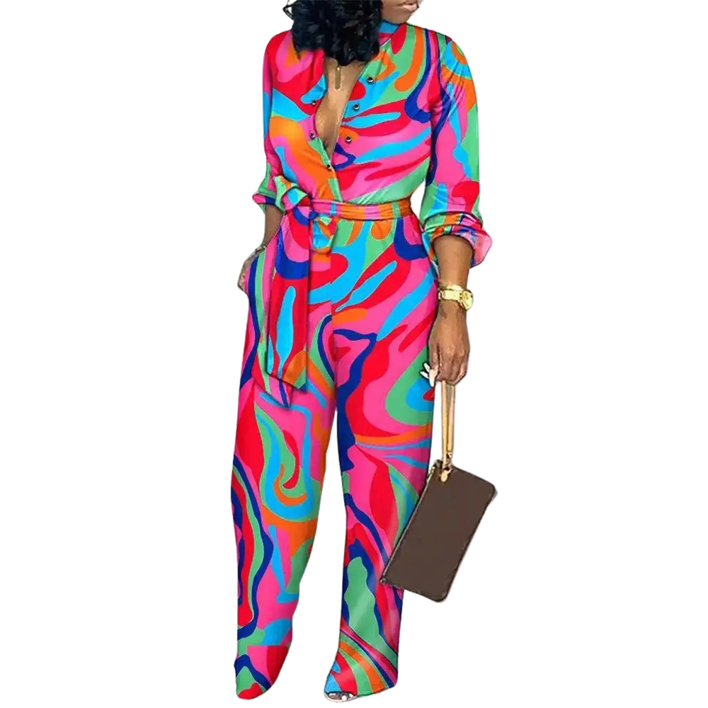 Stilfull jumpsuit for dame med elegant print, V-hals og høy midje. Et casual, men sofistikert antrekk.