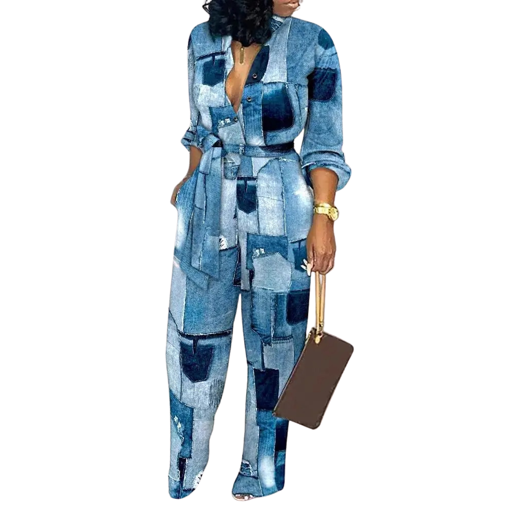 Komfortabel kvinner jumpsuit med vakkert print, V-hals og høy midje. Perfekt for vår, sommer, fest og hverdag.