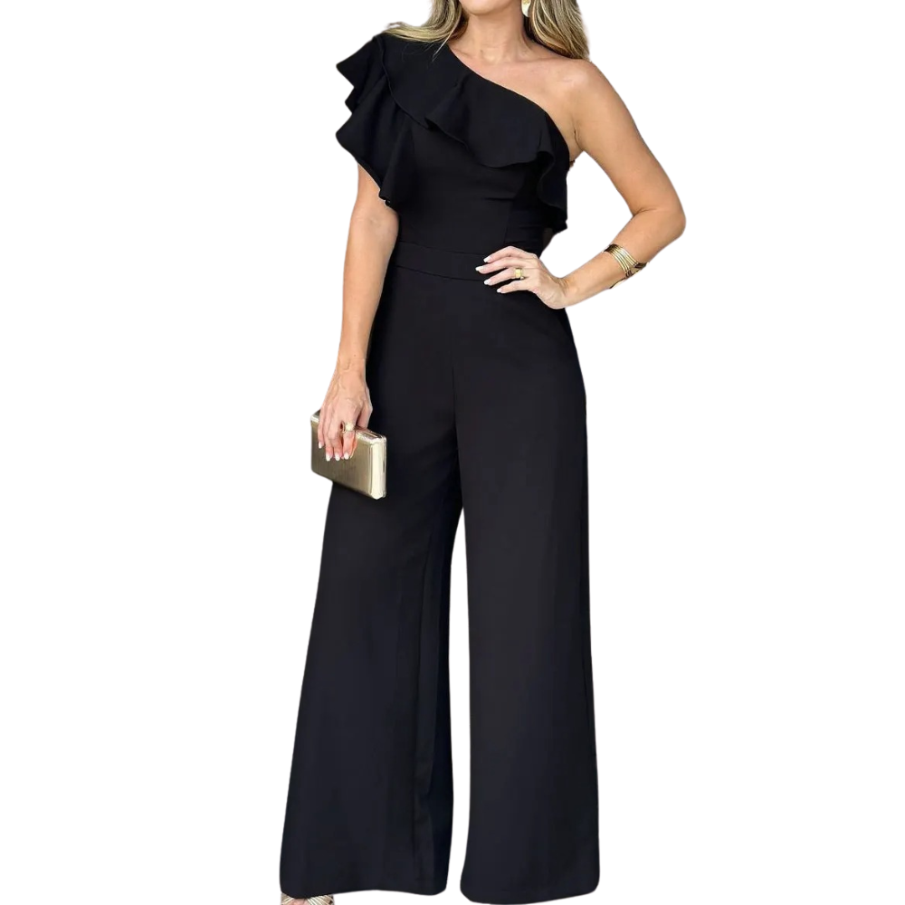 Elegant jumpsuit for kvinner med én skulder, volanger. Perfekt til fest og stilfull hverdag.