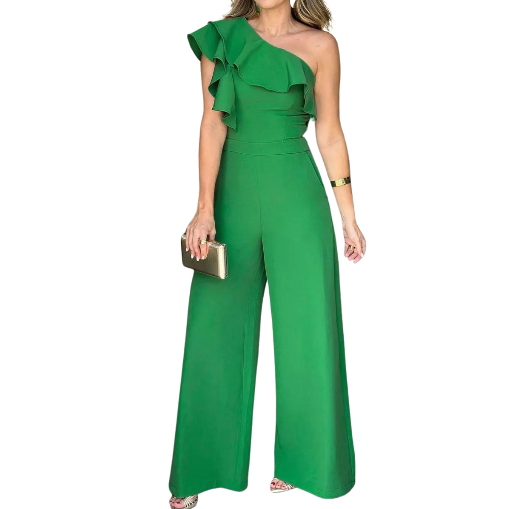 Stilfull én-skulder jumpsuit for dame, med feminine volanger og elegant snitt. Ideell for festantrekk.