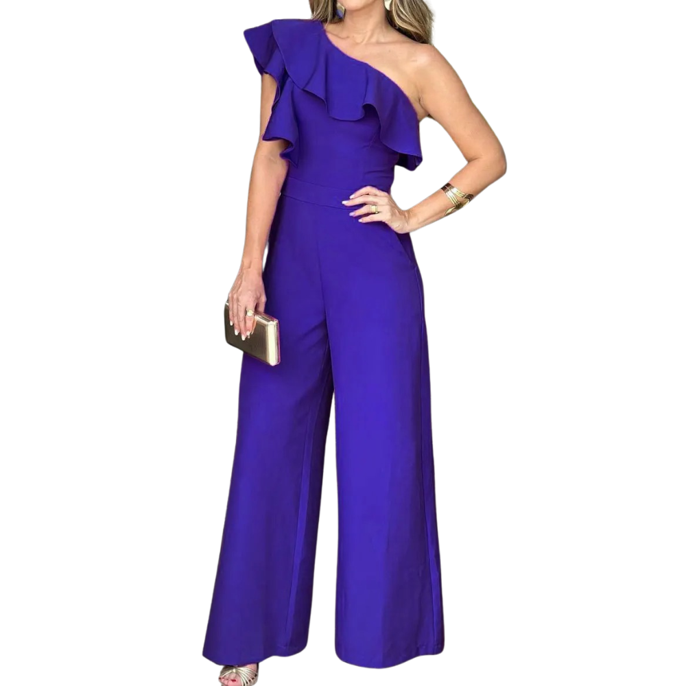 Elegant festjumpsuit for kvinner, asymmetrisk én skulder og volanger. Flott for sommer og spesielle anledninger.