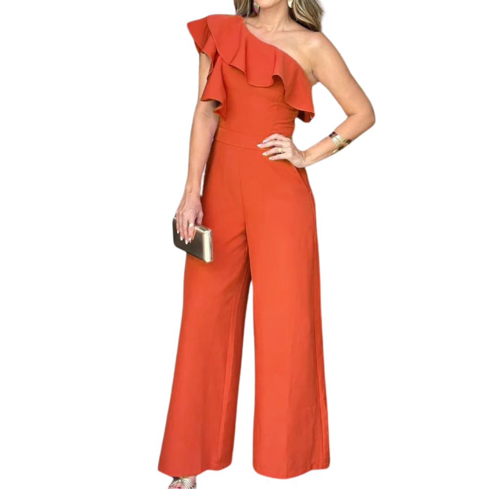 Kvinners jumpsuit med volanger og asymmetrisk én skulder. Trendy og behagelig for damemote.