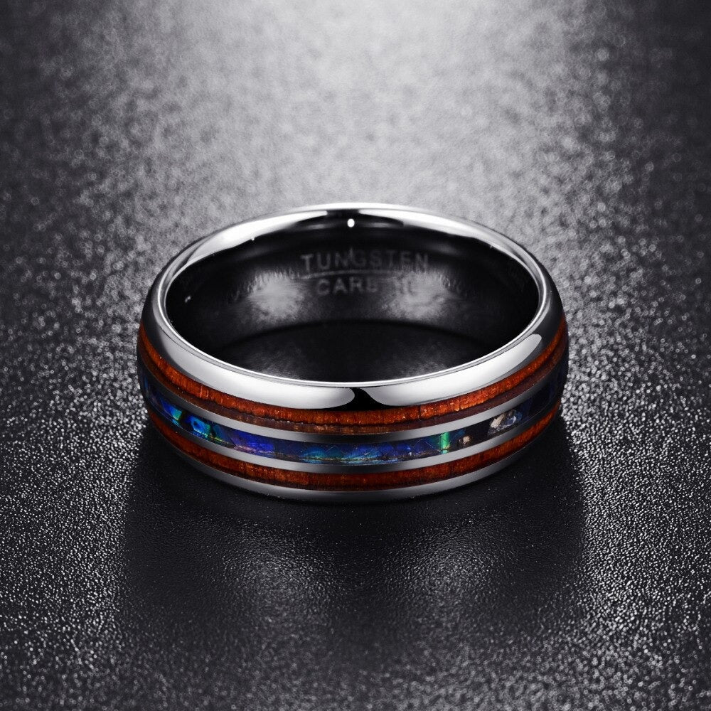 Unik 8mm Koa tre ring med iriserende abalone innlegg i slitesterk wolframkarbid for kvinner.